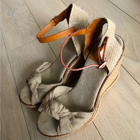 Tory Burch Macy Wedge Platform Espadrille Linen Beige Sandals Women’s Size 6.5 - Picture 1 of 9